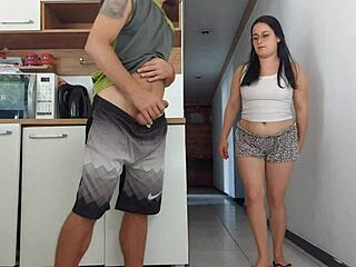 Risky kitchen fuck with hubby's friend while he showers almost caught