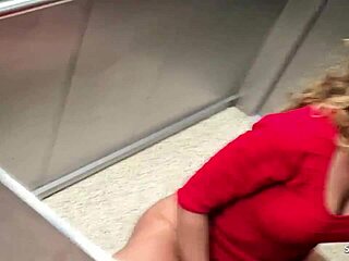 german milf's risky elevator cheat fuck gagging on monster cock...