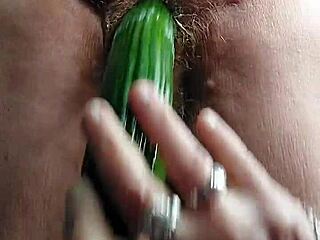 granny fucks her old hairy pussy deep with big cucumber