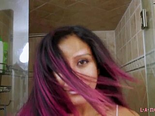stunning brunette babe soaks in sensual bath, daddy watches her petite curves glisten. interview turns steamy on sofa