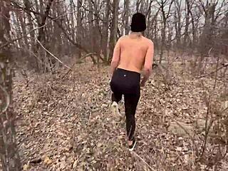 blonde strips bare in forest then takes cock deep outdoors