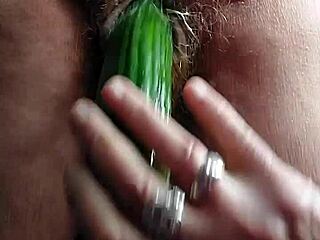 granny fucks her old hairy pussy deep with big cucumber