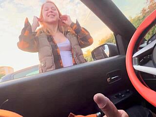 stranger redhead teen flashes boobs and jerks my cock after public car flash