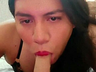 shemale crossdresser slurps huge dildo solo deep