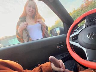 stranger redhead teen flashes boobs and jerks my cock after public car flash