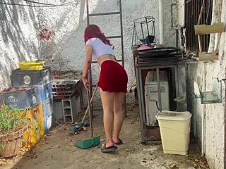 stepsis skirt flips up while patio cleaning - daddy cant resist that big teen ass