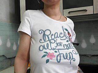 Slutty college neighbor moans loud riding cock on kitchen counter pov