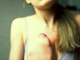 Red lip beauty jerks boyfriend's cock close-up to explosive cumshot peak
