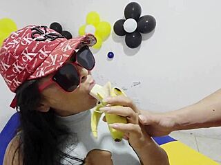 homeless hitchhiker eats banana during rough outdoor doggy anal new year gift
