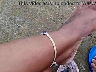 Cuckold shows wife's hairy pussy on street beach and market