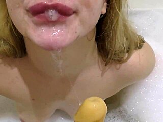 Milf gulps big rubber dick deep sensual solo suck