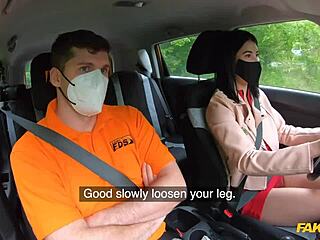 Hot asian babe gulps burning cock in driving lesson