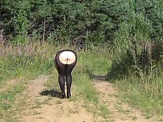 hot milf struts forest in ripped tights 🔥 big natural tits begging outdoor play 😈