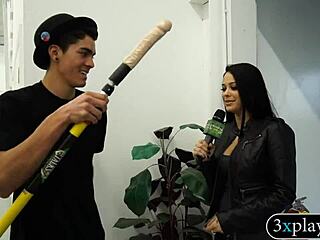 Blindfolded guy rams huge dildo deep into brunette babe's wet twat