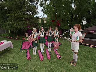 Three teen scouts in uniforms bang hard during camping orgy