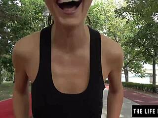 petite brunette jogger fingers pussy nearly caught in public park
