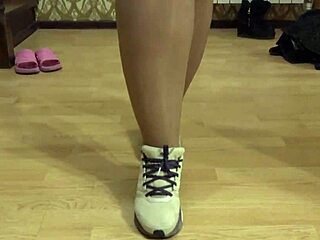 curvy milf pawg tries shoes on plump nylon legs
