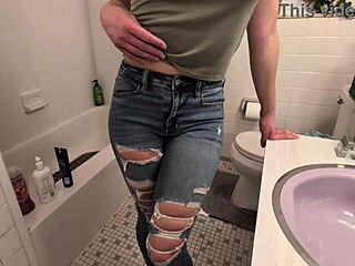 Horny amateur wife holds pee then gets golden shower from friend