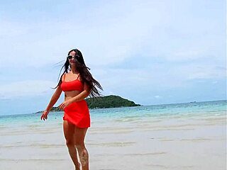 orange bikini flashes beach tease pure temptation
