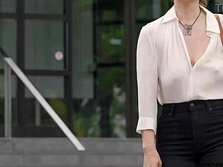 submissive business woman exposed publicly in lingerie