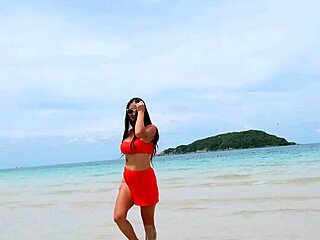 orange bikini flashes beach tease pure temptation