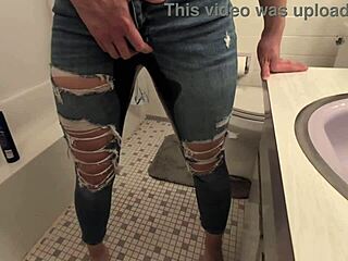 Horny amateur wife holds pee then gets golden shower from friend