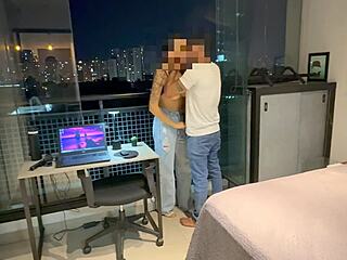 Brazilian fitness housewife cuckolds hubby on Airbnb balcony squirting wildly
