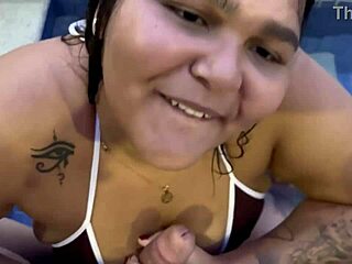 BbW Maria 20yo deepthroats my cock hidden poolside first time