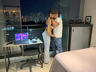 Brazilian fitness housewife cuckolds hubby on Airbnb balcony squirting wildly