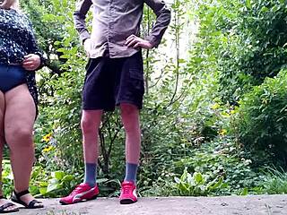 Curvy Stepmom Helps Stepson Pee Standing in Public