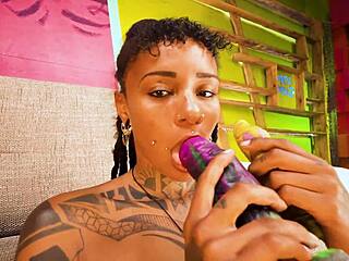 Tattooed Ebony Goddess Drills Toy Wall to Dripping Orgasm Explosion