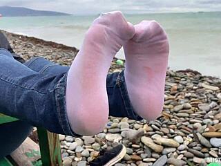 beautiful nylon feet in jeans outdoor compilation