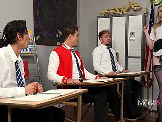 gangbang sex ed teacher earns an a from three guys in classroom