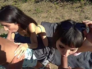 Two couples fuck outdoors with creampie