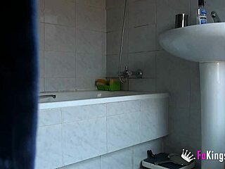 Spying sister fingers in shower and drills with toy