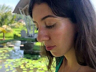 Brunette teen gets facial cum while eating pasta outdoors