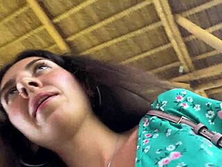 Brunette teen gets facial cum while eating pasta outdoors