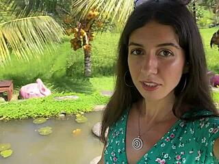 Brunette teen gets facial cum while eating pasta outdoors