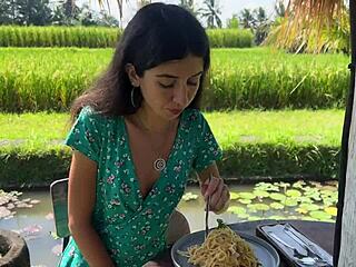 Brunette teen gets facial cum while eating pasta outdoors