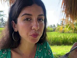 Brunette teen gets facial cum while eating pasta outdoors