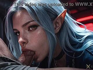 blue haired elf rides cock on train