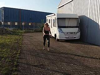 granny walks outside in shiny leggings