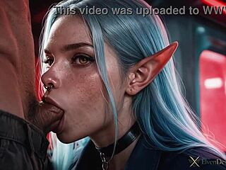 blue haired elf rides cock on train
