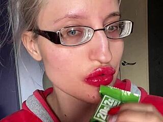 giantess big lips big eyeglasses asmreating snickers protein bar