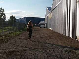 granny walks outside in shiny leggings