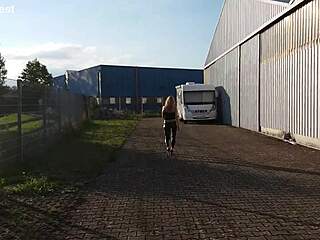 granny walks outside in shiny leggings
