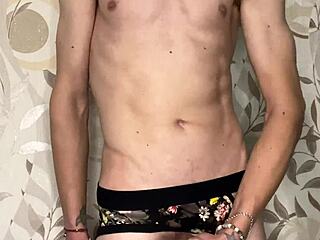 Young faggot jerked off in girls underwear at home