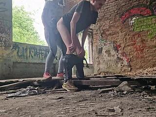 dominatrix fucks her slave outdoors with strapon