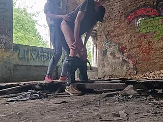 dominatrix fucks her slave outdoors with strapon