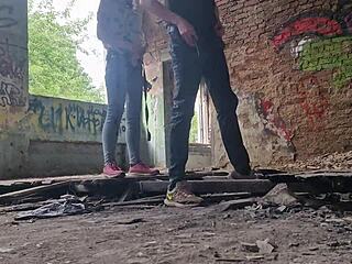 dominatrix fucks her slave outdoors with strapon